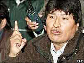 Photo AFP.  Evo Morales, the candidate of indigenous Bolivians, is in favor of legalizing coca growing. He is opposed by former President Jorge Quiroga, who draws support from the wealthy gas and oil producing Santa Cruz region.