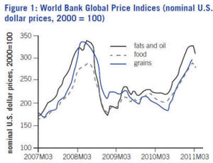 The graph shows that food prices, as well as other commodity groups such as grains, have increased to near their all-time highs reached in 2008. (M03 refers to the 3d month, April in the graph.)  Source: World Bank