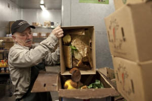 Photo of grocery store worker dumping old produce for recycling. Supermarkets take up composting, but waste disposal system lags: The composting movement is inching forward in fits and starts, but the nation’s trash disposal system lacks the ability to process food waste on a large scale. Photo: Jared Soares/Washington Post